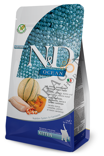 N&D Ocean Tahılsız Balkabaklı Morina Balıklı, Karides & Kavunlu Yavru Kedi Maması 1,5 Kg