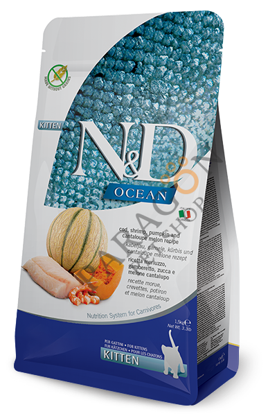 N&D Ocean Tahılsız Balkabaklı Morina Balıklı, Karides & Kavunlu Yavru Kedi Maması 1,5 Kg