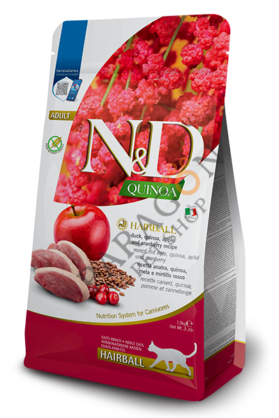 N&D Quinoa Tahılsız Hairball Ördek Etli Kinoa Ve Elmalı Yetişkin Kedi Maması 1,5 kg