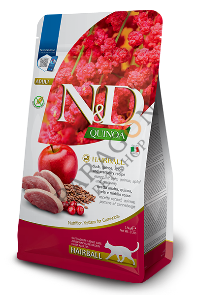 N&D Quinoa Tahılsız Hairball Ördek Etli Kinoa Ve Elmalı Yetişkin Kedi Maması 1,5 kg
