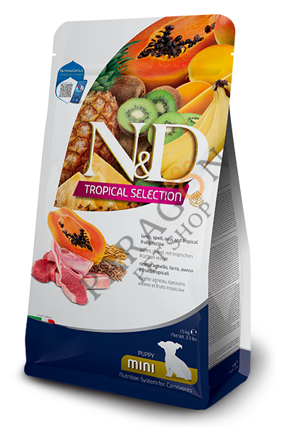 ND Tropical Selection Düşük Tahıllı Kuzu Etli ve Tropikal Meyveli Küçük Irk Yavru Köpek Maması 1,5 Kg