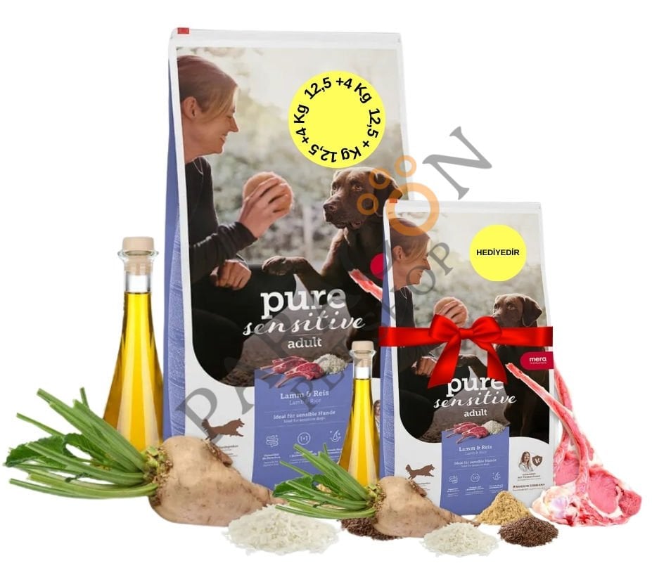 Mera Pure Sensitive Kuzu Etli ve Pirinçli Yetişkin Köpek Maması 12.5 Kg + 4 Kg HEDİYE